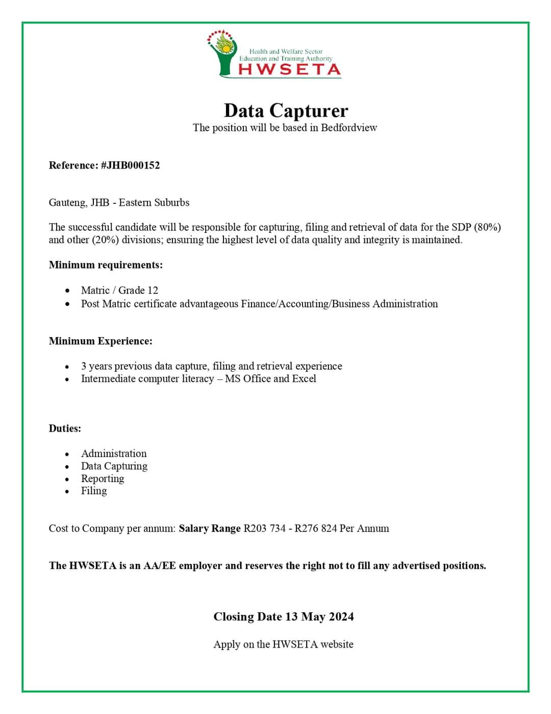 Hwseta data capture upload your cv